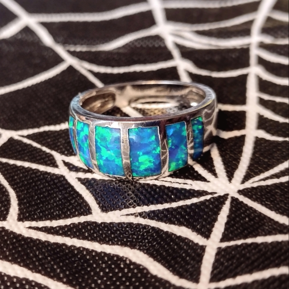 Size 8 - Sterling Silver Plated Blue Green Opal Ring